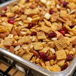 Close-up side view of orange and cranberry Chex mix featuring Chex cereals, almonds, and dried cranberries.