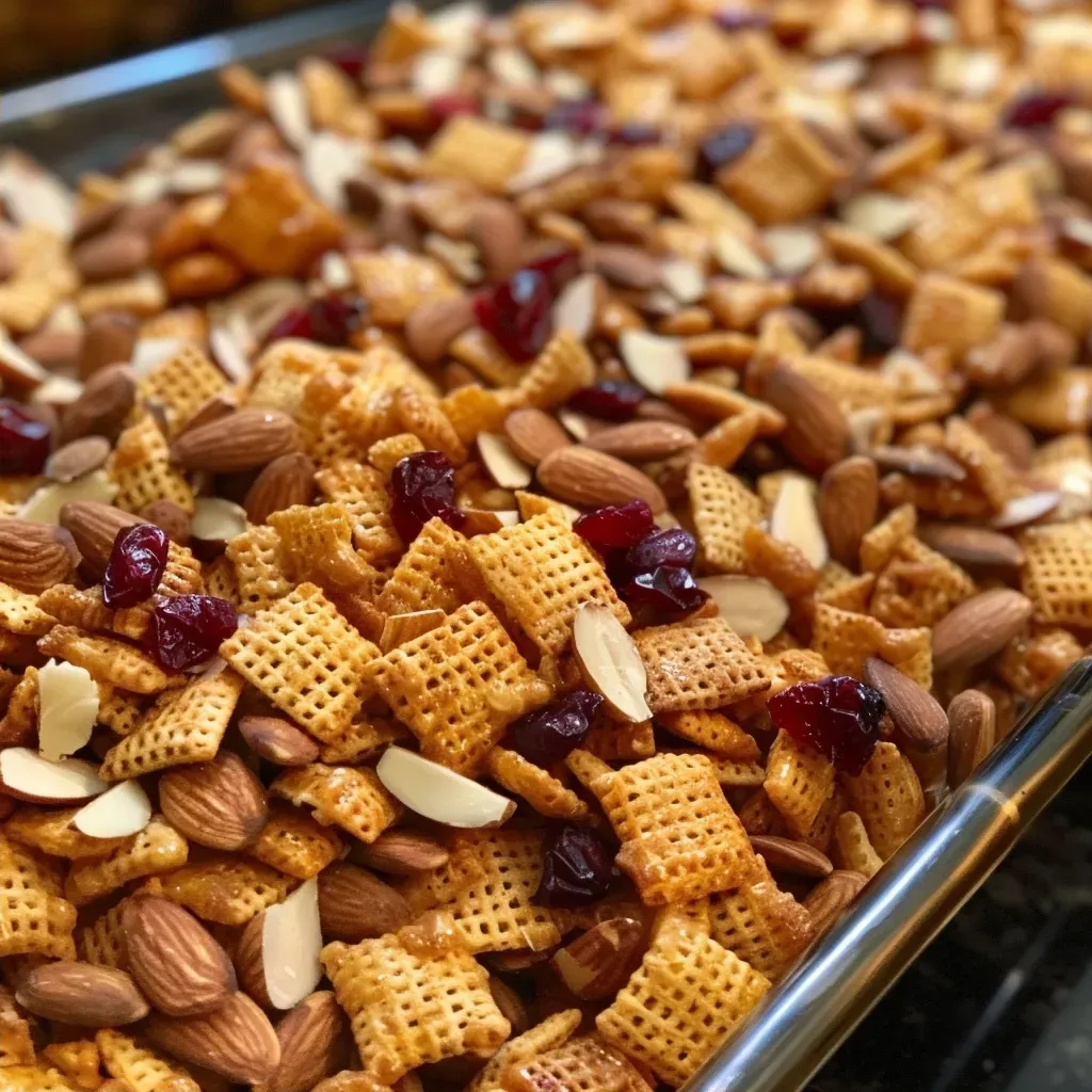 A vibrant mix of Corn, Honey, and Wheat Chex with sliced almonds and cranberries in a bowl.