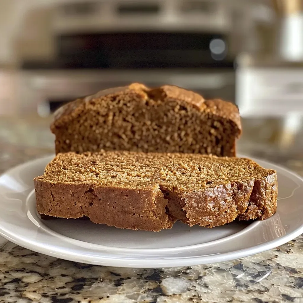 Detailed side view of a slice of French Spice Bread, revealing its moist interior and spice flecks.