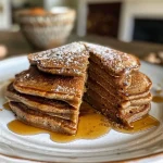 Close-up view of golden-brown Paleo gingerbread pancakes stacked on a plate.