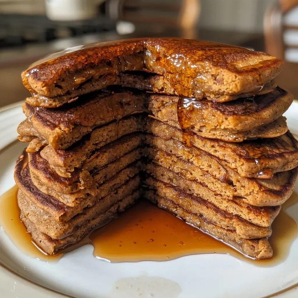Side angle shot of fluffy pancakes topped with syrup and spices.