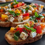 Close-up view of colorful paprika bruschetta topped with crumbled feta cheese.