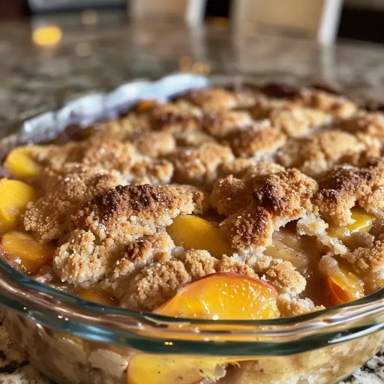 Close-up side view of a golden-brown peach cobbler with a chai spiced crust.