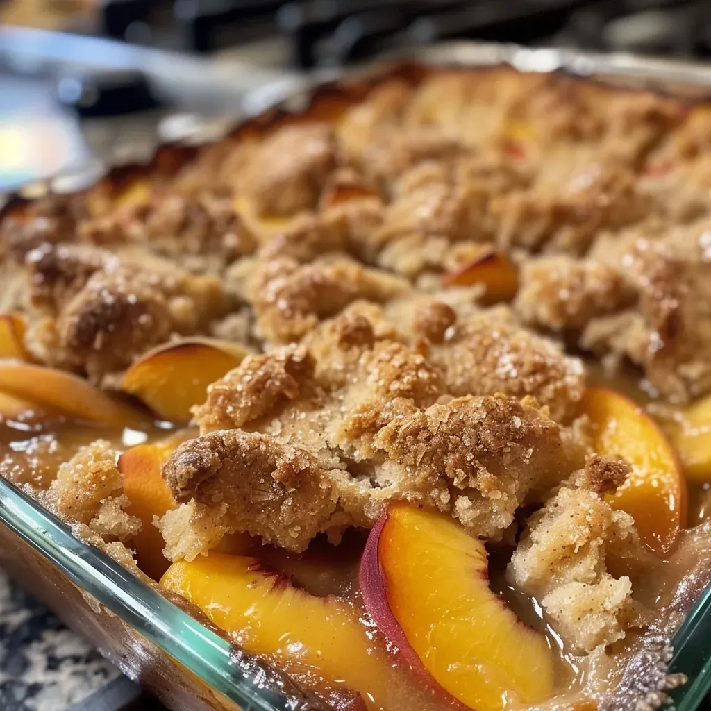 Juicy peach cobbler showcasing a crumbly chai spiced topping.
