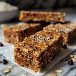 Close-up view of Peanut Butter Energy Bars with chocolate chips and chia seeds.