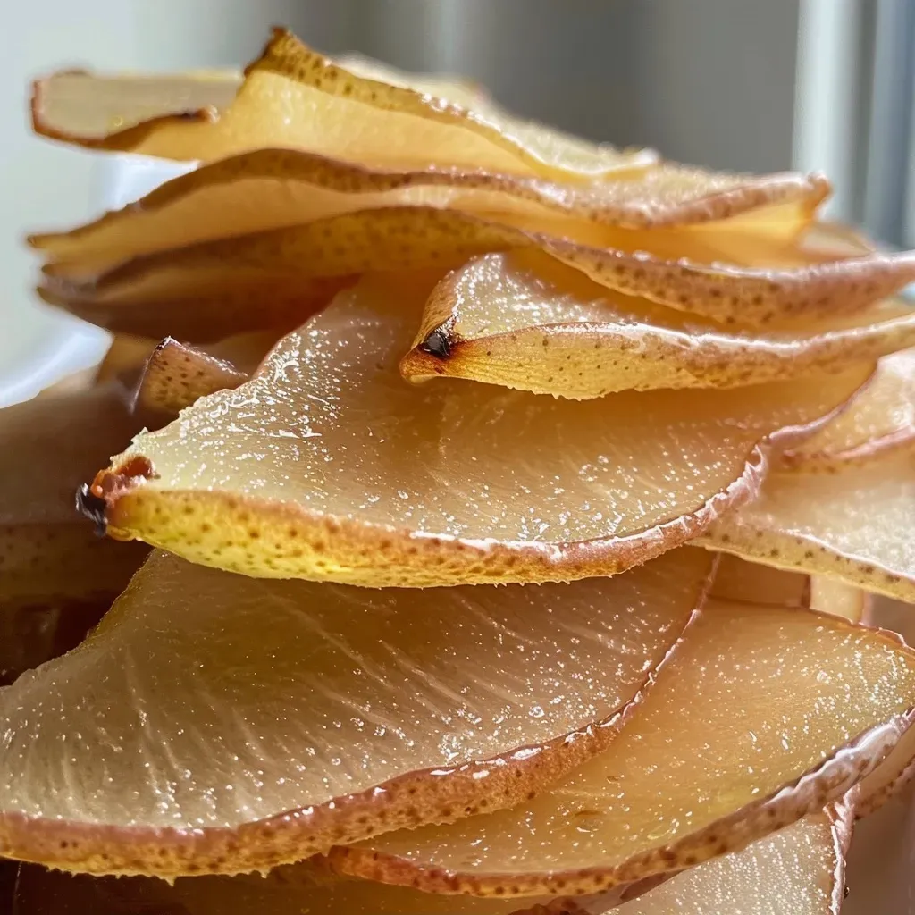 Juicy pear fruit leathers arranged, highlighting their soft and chewy texture.