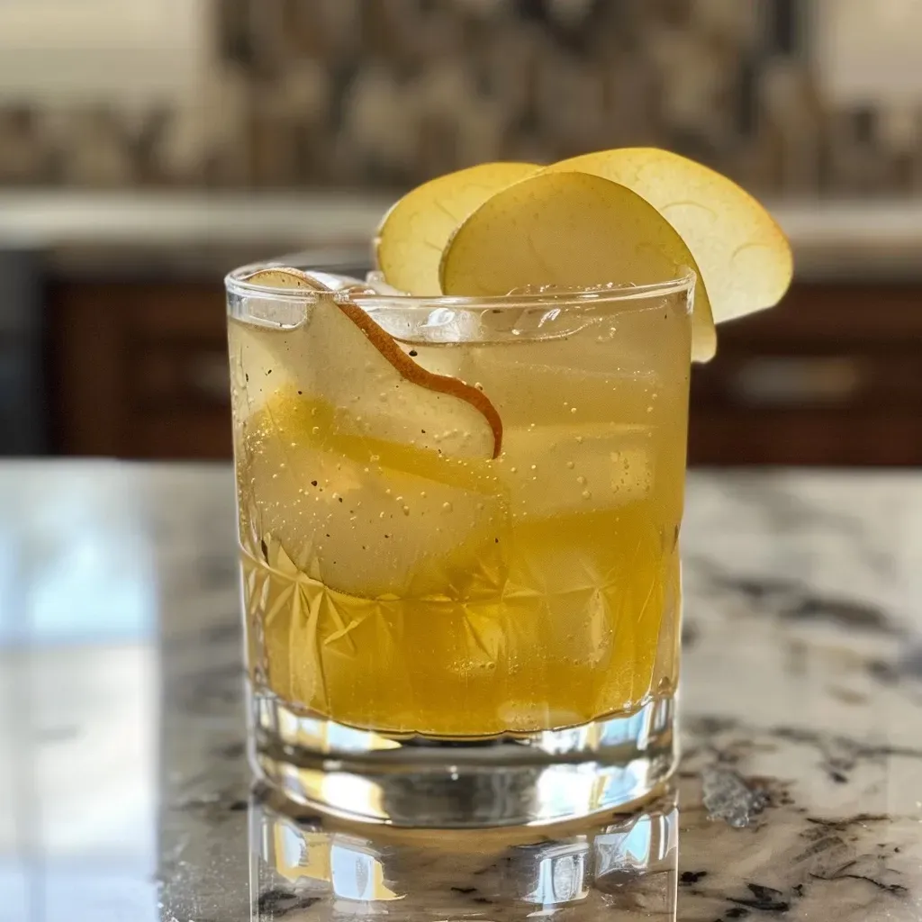 A vibrant Pear Ginger Smash drink in a glass, showcasing its refreshing golden color and garnished with pear slices.