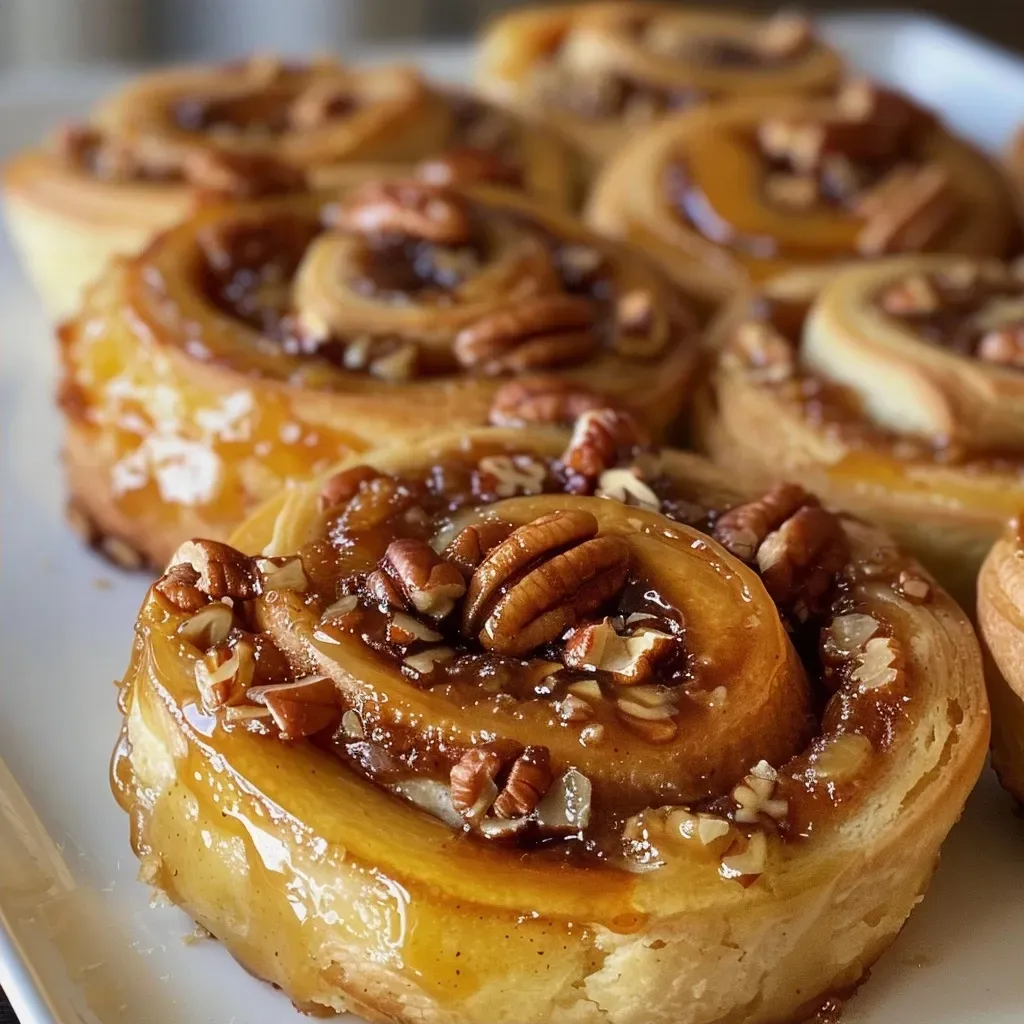 Side view of freshly baked Pecan and Maple Pinwheels with a glossy maple glaze.