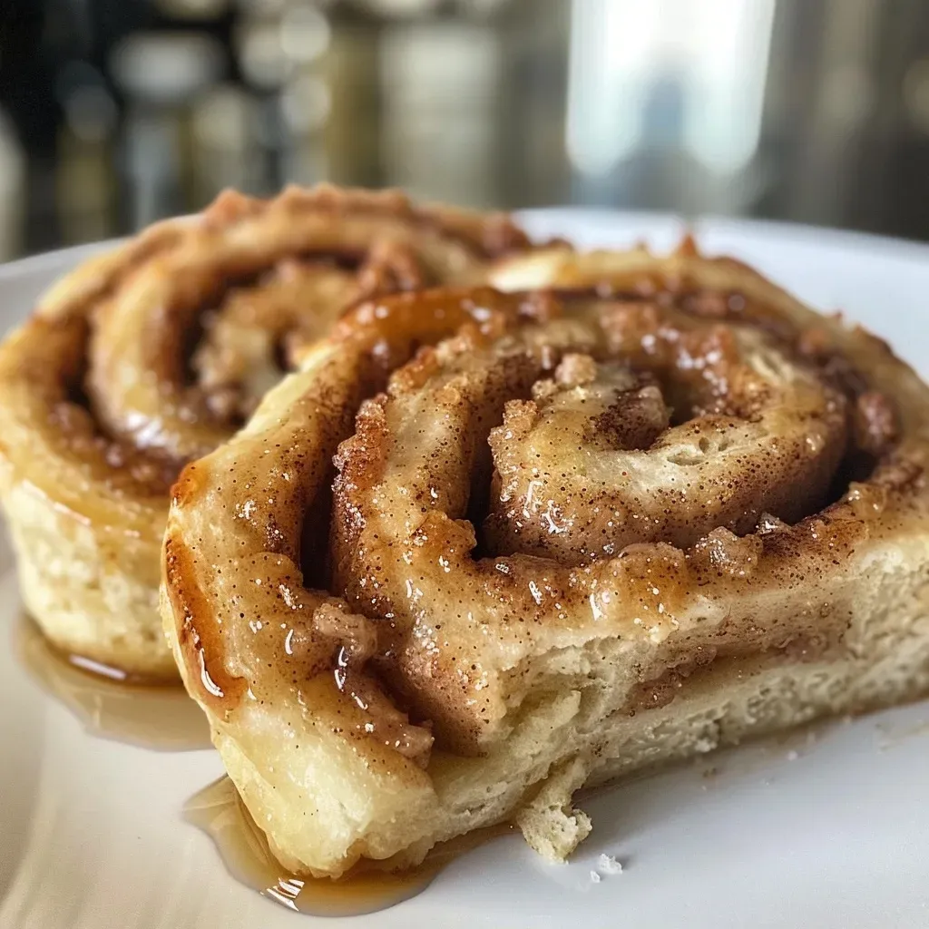Close-up view of a gooey protein cinnamon roll drizzled with icing.