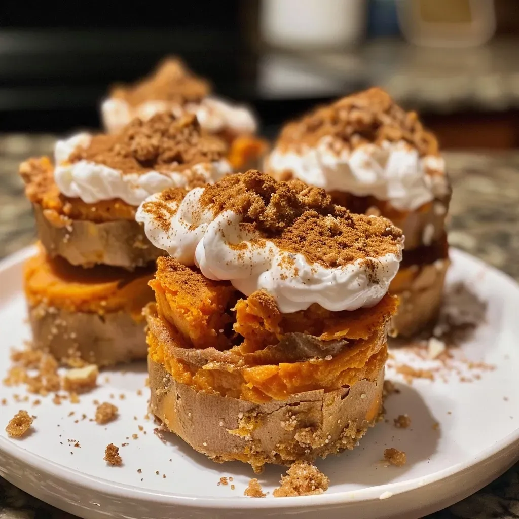 Side perspective of individual sweet potato pie cups showcasing their smooth, rich filling and crust.