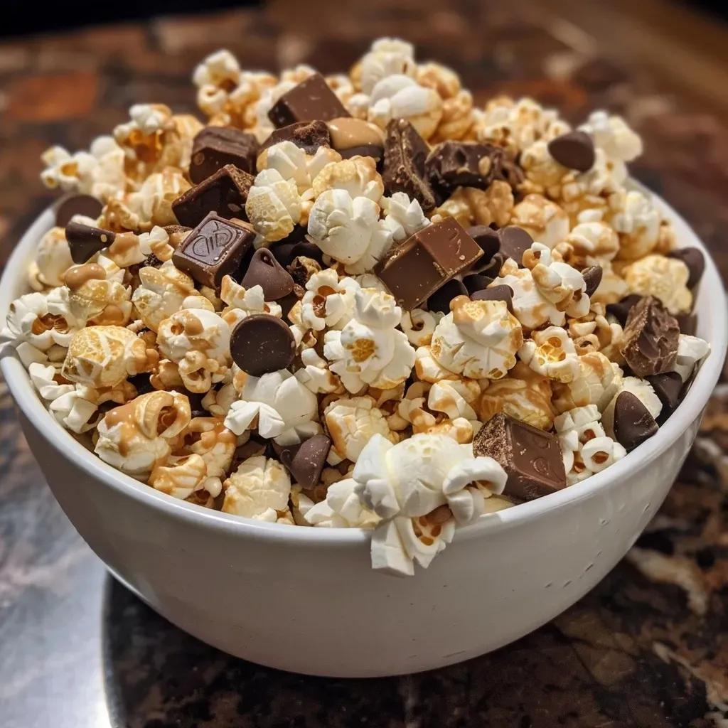 Side perspective of a bowl filled with Protein Puppy Chow Popcorn, showing its texture.
