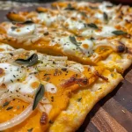 Close-up view of a Pumpkin Alfredo Flatbread topped with melted mozzarella and caramelized onions.