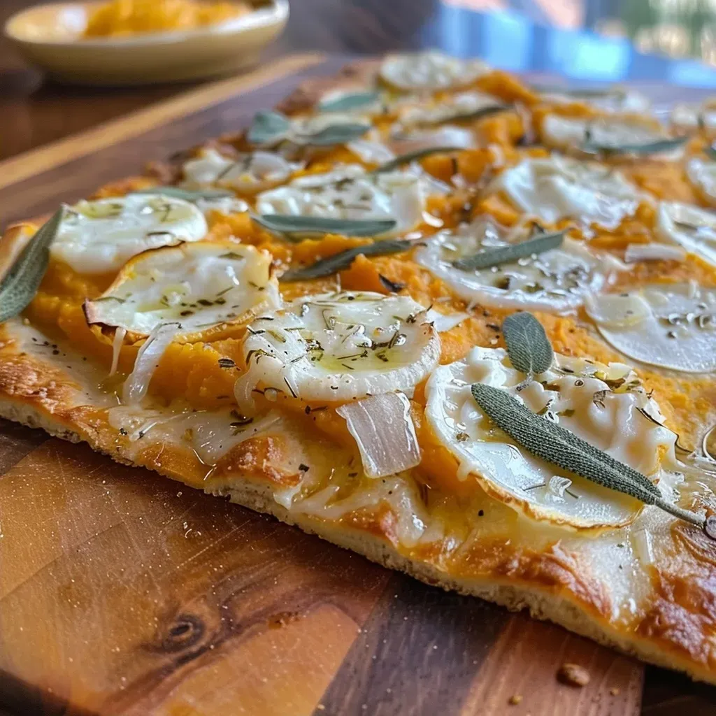 Side view of a delicious Pumpkin Alfredo Flatbread featuring a golden crust and fresh sage leaves.
