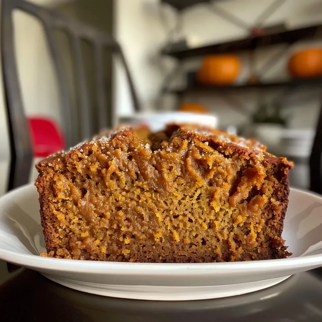 A fresh slice of pumpkin bread showcasing its soft texture and warm color.