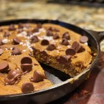 Close-up view of a Pumpkin Chocolate Chip Skillet Cookie, warm and gooey.
