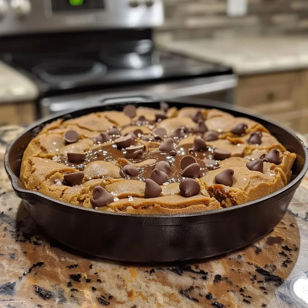 Side angle of a pumpkin skillet cookie with melted chocolate chips and a dusting of sea salt.