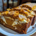 Close-up view of sliced pumpkin cream cheese bread with cream cheese filling.