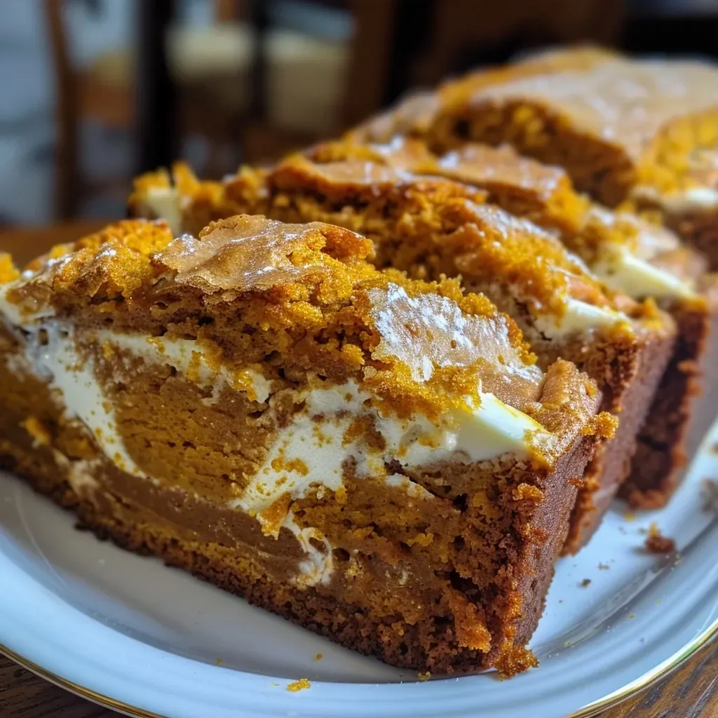 Close-up view of sliced pumpkin cream cheese bread with cream cheese filling.