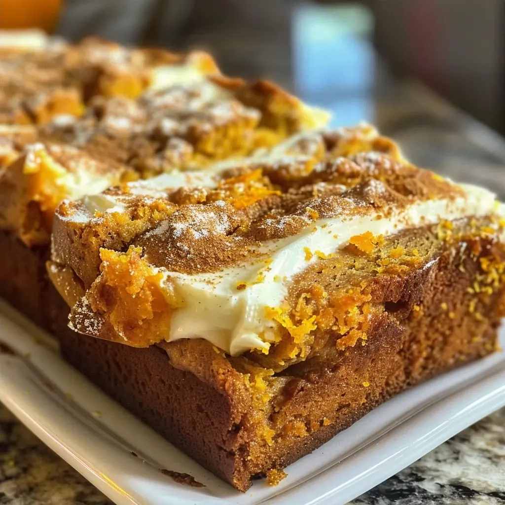 Side view of moist pumpkin cream cheese bread showcasing its texture and ingredients.