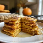 Close-up view of fluffy pumpkin cream cheese pancakes stacked high on a plate.