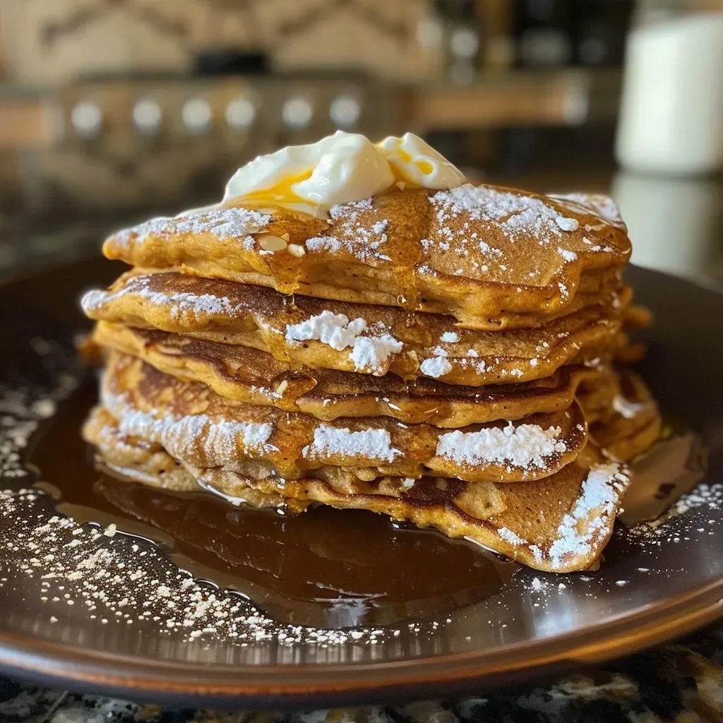 A delectable side view of pumpkin cream cheese pancakes drizzled with syrup.
