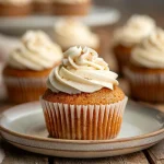Close-up view of pumpkin cupcakes topped with brown butter frosting and sage.