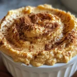 Close-up view of a creamy pumpkin dip in a bowl, garnished with a sprinkle of cinnamon.
