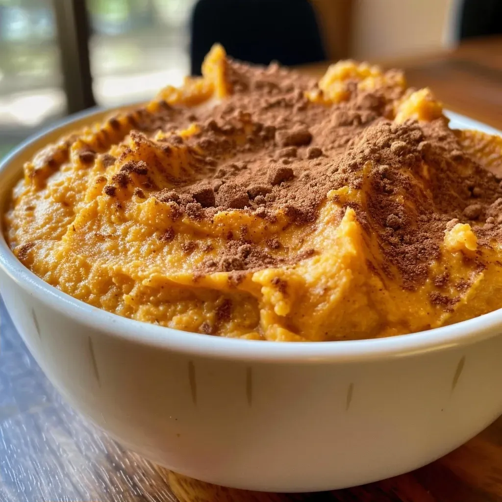 Side view of a rich pumpkin dip served with cinnamon dust on top, in an elegant serving dish.