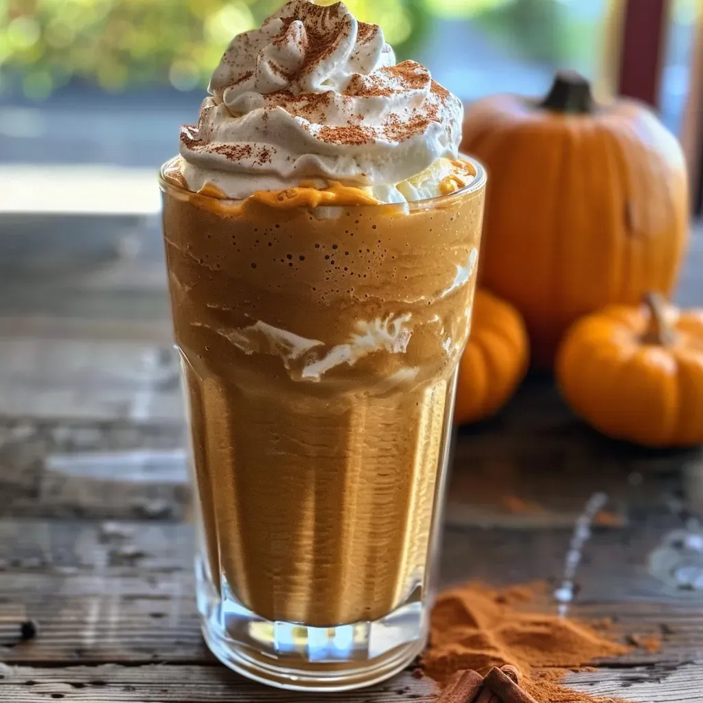 Side view of a delicious pumpkin milkshake topped with whipped cream and a sprinkle of pumpkin pie spice.