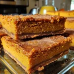 Close-up of a slice of pumpkin pie bar with almond flour crust on a plate.
