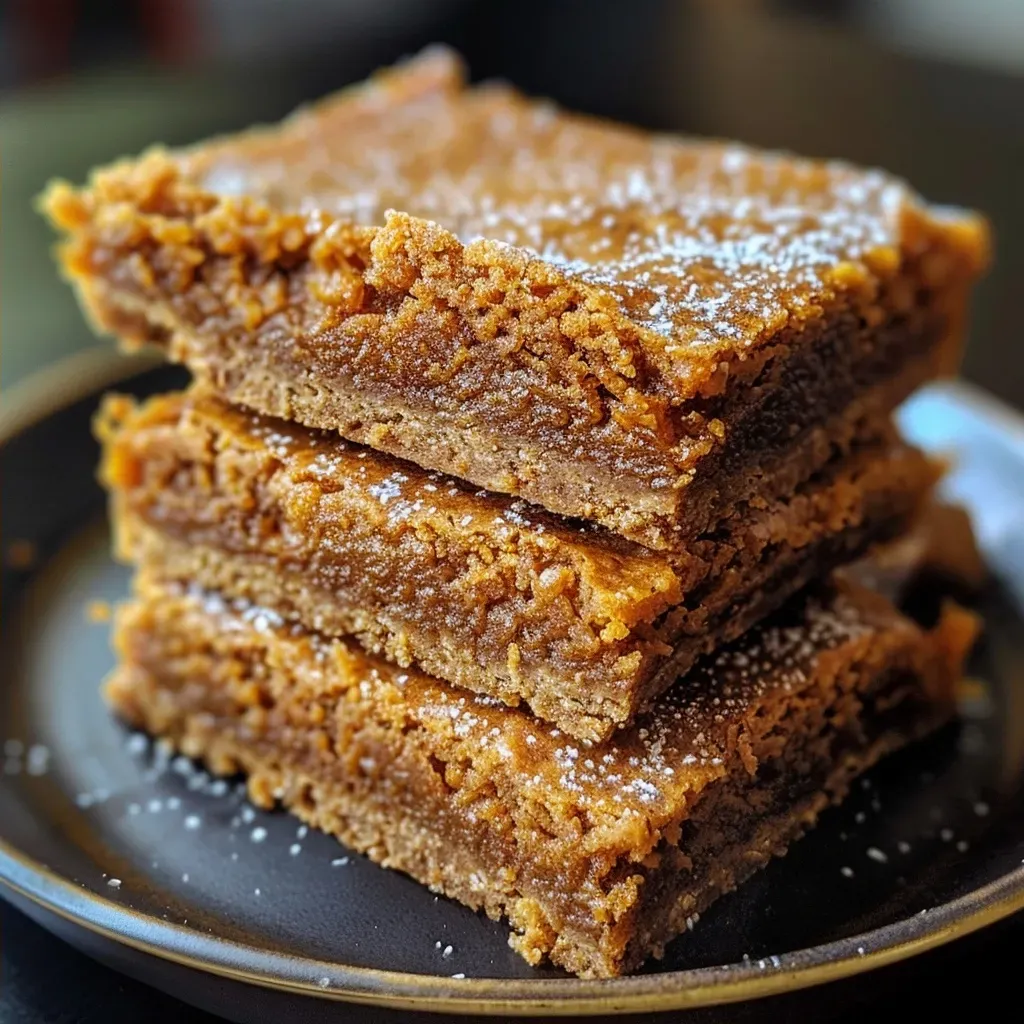 Side view of a pumpkin pie bar, showcasing its creamy filling and almond crust.