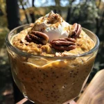 Close-up view of a bowl of Pumpkin Pie Overnight Oats topped with whipped cream and chopped pecans.