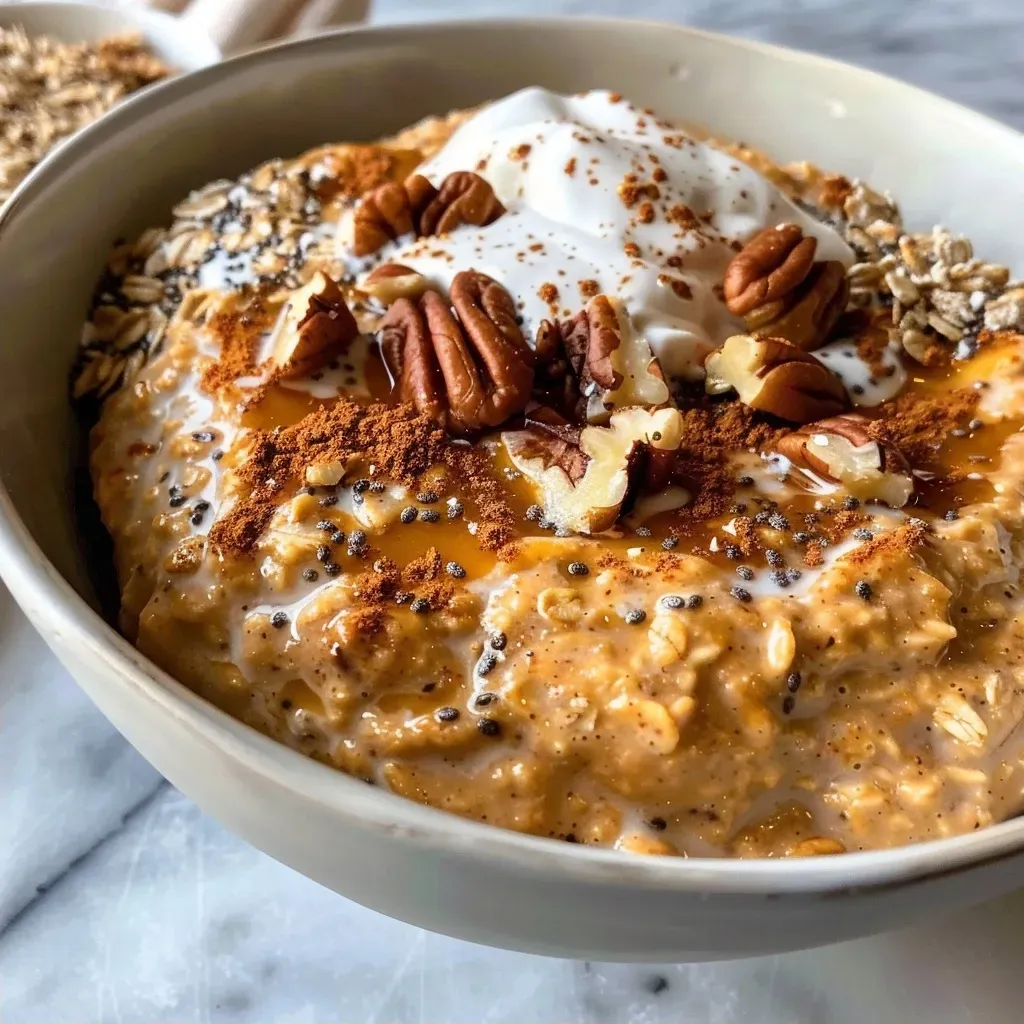 Side angle of Pumpkin Pie Overnight Oats in a glass jar, showcasing creamy texture and pumpkin spice topping.