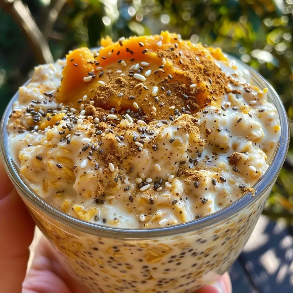 Side view of creamy Pumpkin Pie Protein Overnight Oats with a sprinkle of cinnamon on top.