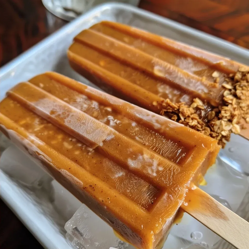 Pumpkin popsicles displayed with a creamy yogurt base and topped with granola.