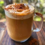 Close-up view of a creamy Pumpkin Protein Coffee in a clear glass mug.