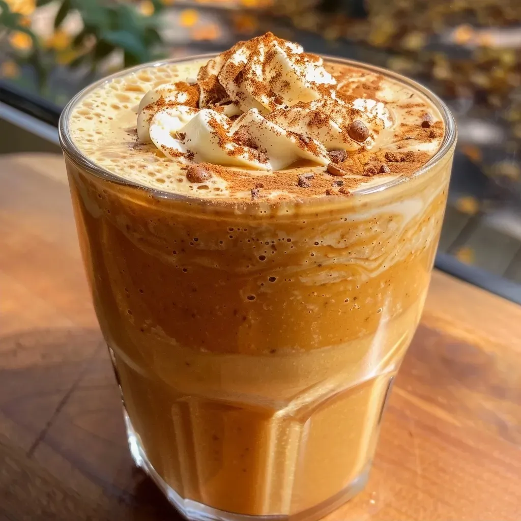 Side view photo of a frothy Pumpkin Protein Coffee topped with whipped cream.