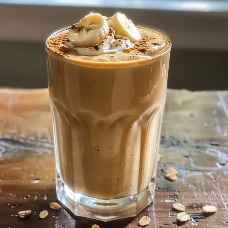 Close-up shot of a creamy pumpkin protein shake with a thick consistency in a glass.