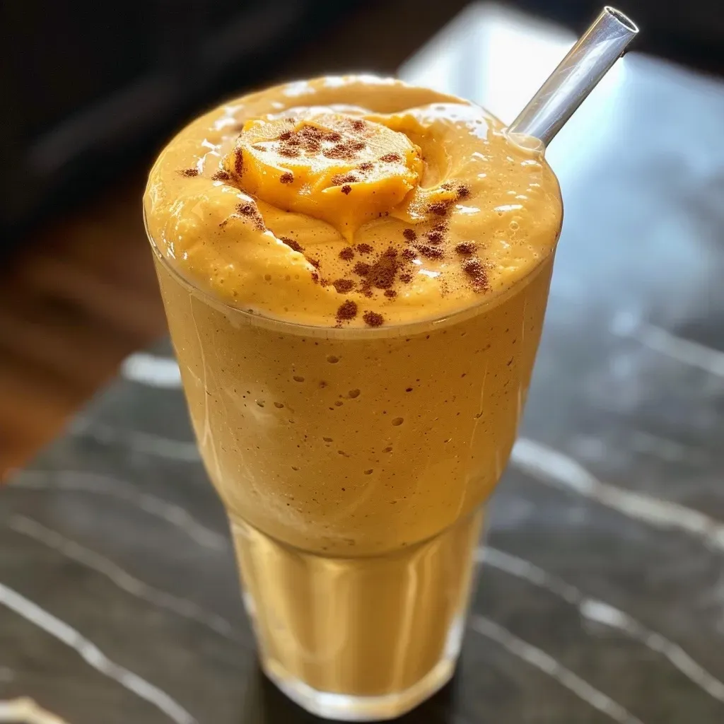 Side view of a vibrant orange pumpkin smoothie topped with a sprinkle of pumpkin pie spice.