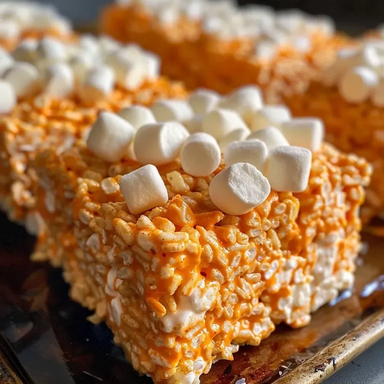 Close-up view of Pumpkin Rice Krispie Treats with a golden orange hue.