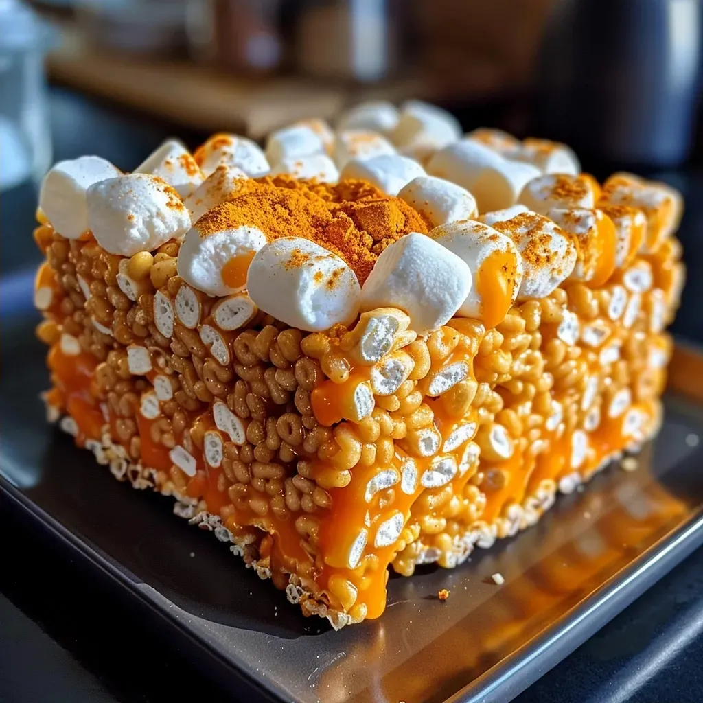 Side view of deliciously decorated Pumpkin Rice Krispie Treats with a glossy finish.