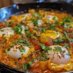Close-up of Pumpkin Shakshuka with baked eggs surrounded by vibrant tomato sauce.