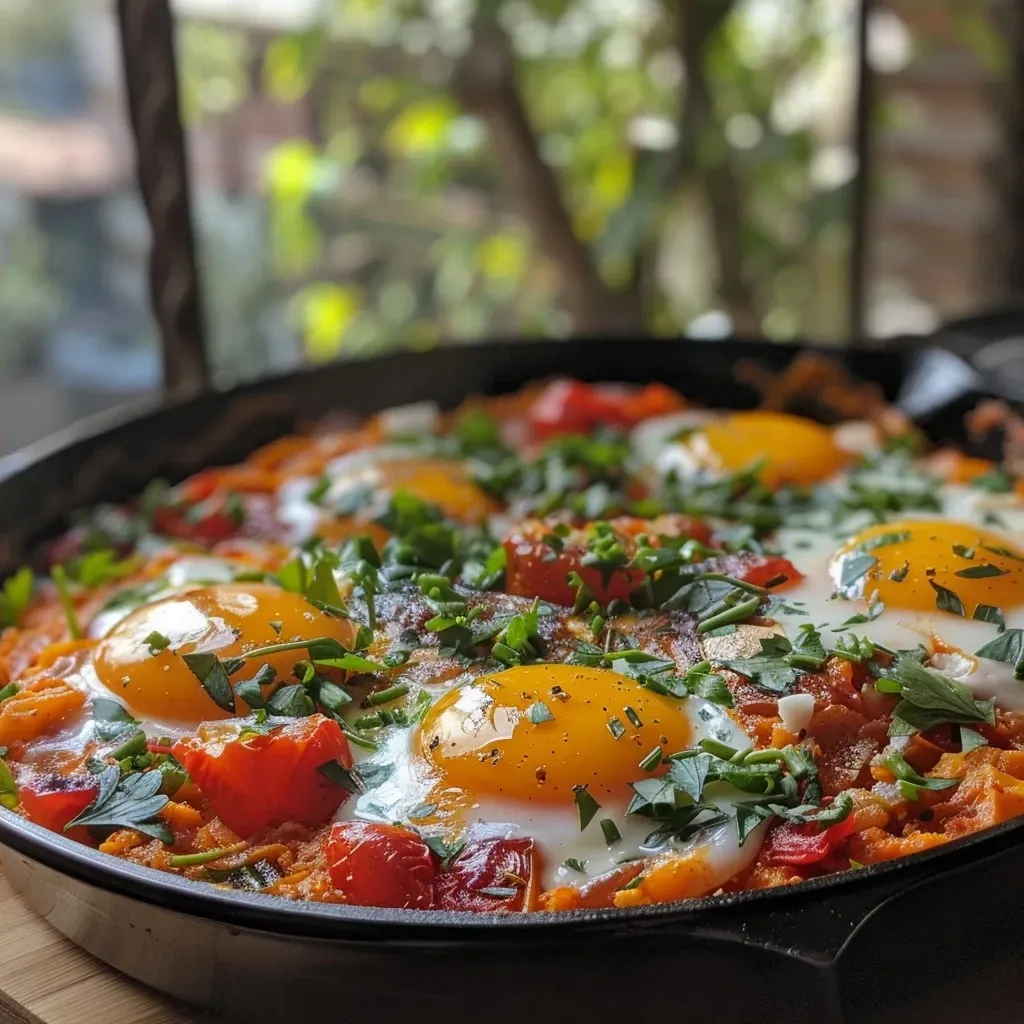 Side view of a bowl of Pumpkin Shakshuka featuring golden eggs nestled in rich tomato stew.