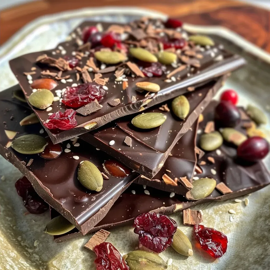 Side view of delicious chocolate bark featuring pumpkin puree and toppings.