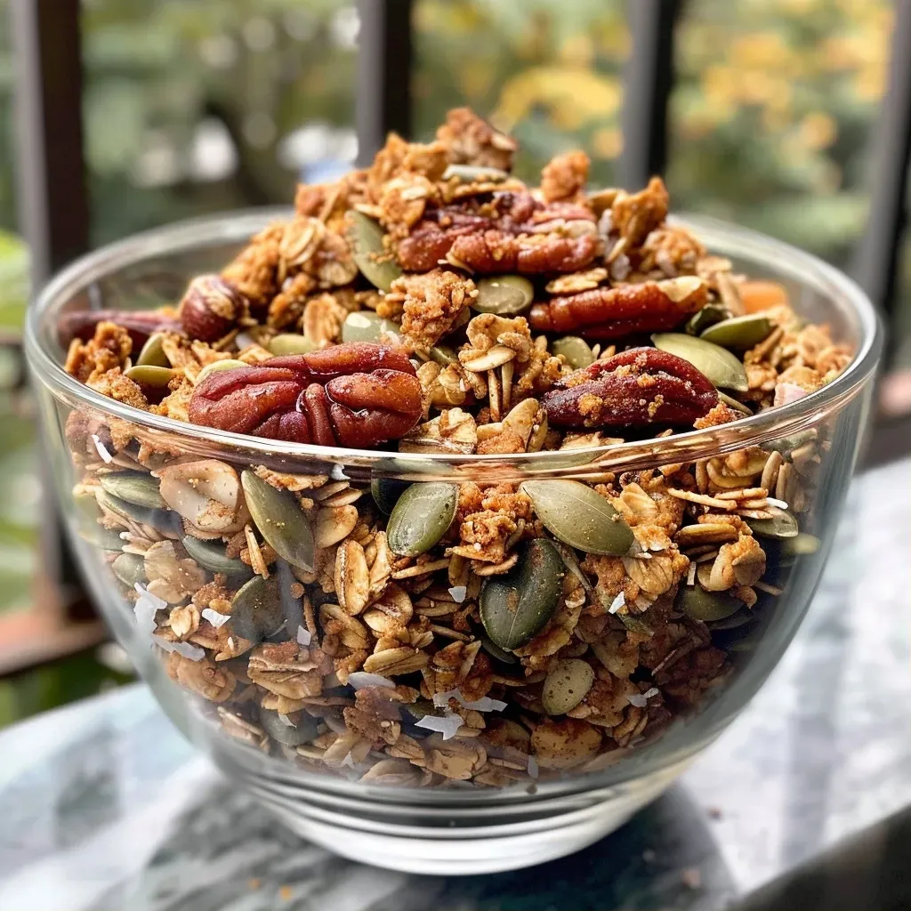 Close-up view of a bowl of Pumpkin Spice Granola with vibrant colors and textures.