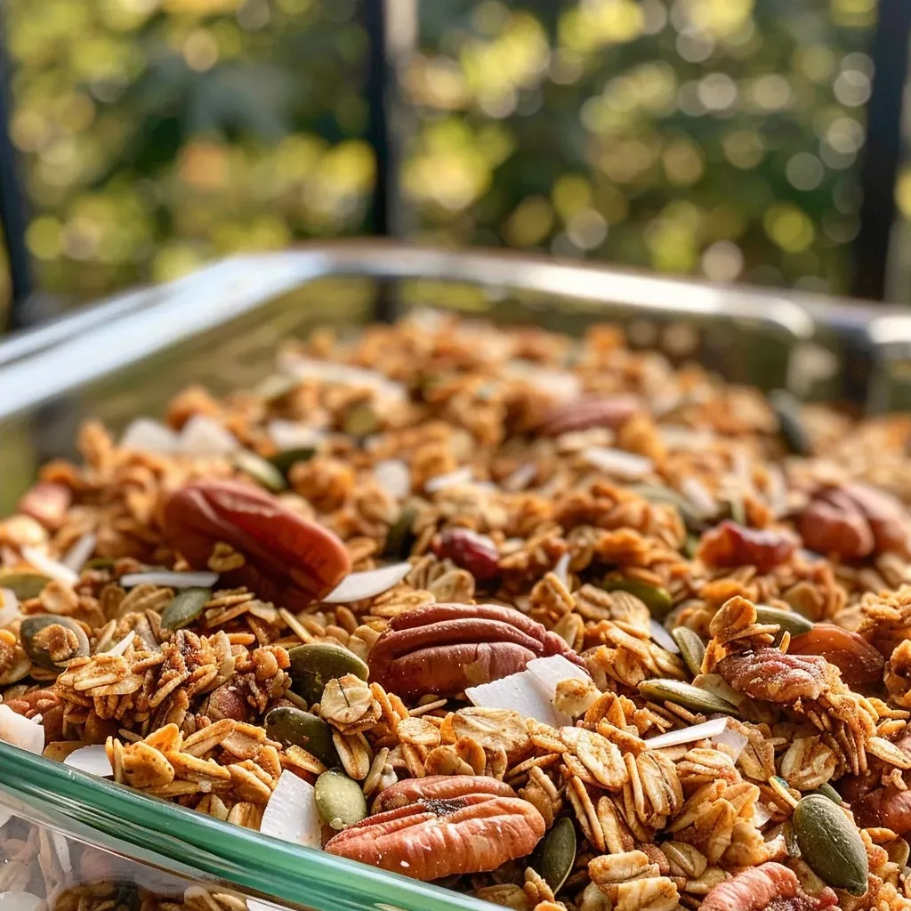 Side view of a delicious Pumpkin Spice Granola displayed in a rustic bowl, showcasing its ingredients.
