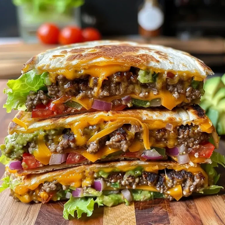 Elevate Your Burger Game with a Flavor-Packed Quesadilla Twist A close-up side view of a juicy Quesadilla Burger, showing melted cheese and colorful vegetables.