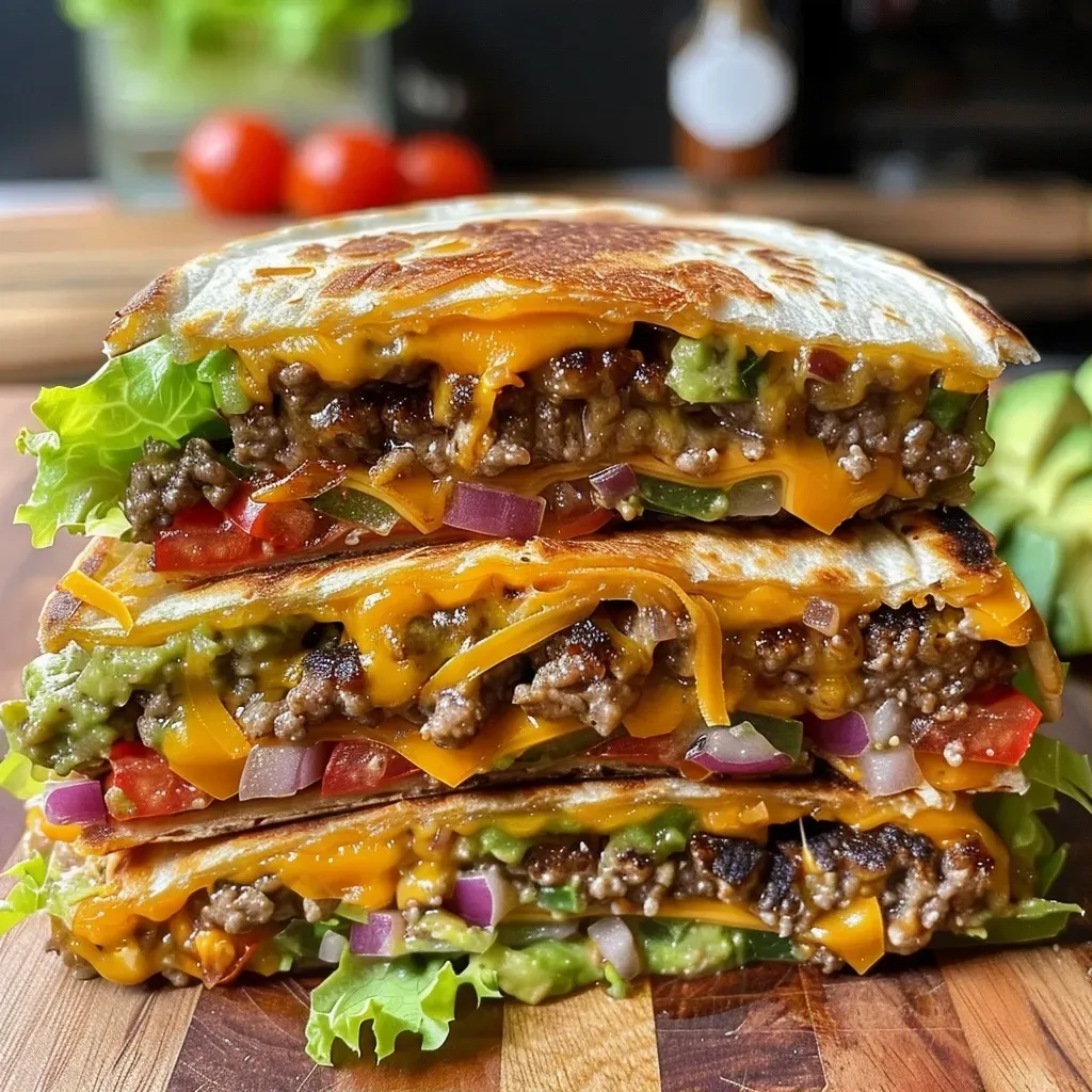 A close-up side view of a juicy Quesadilla Burger, showing melted cheese and colorful vegetables.