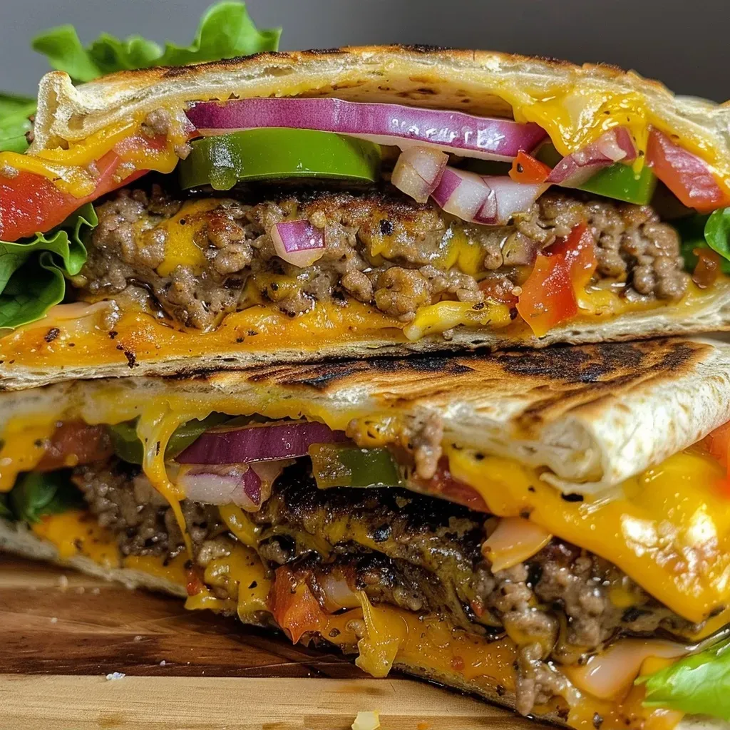 A detailed side view of a Quesadilla Burger with layers of beef, cheese, and vibrant bell peppers.