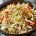 Close-up of Quick Coleslaw in a bowl, showcasing colorful shredded cabbage and carrots.